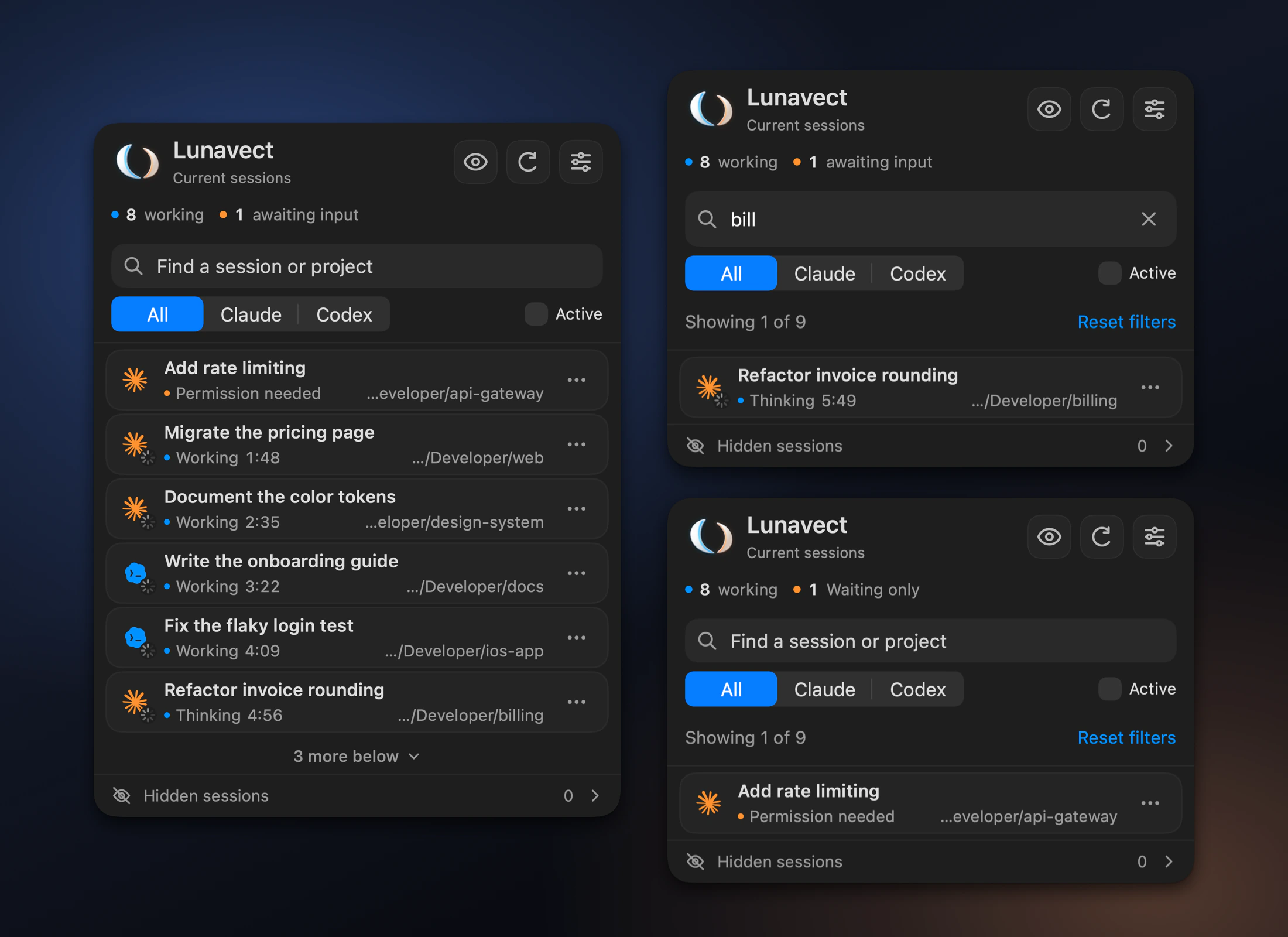 Three Lunavect session panels: all nine tasks, a search for “bill” showing one Claude task, and the waiting filter showing the task that needs permission