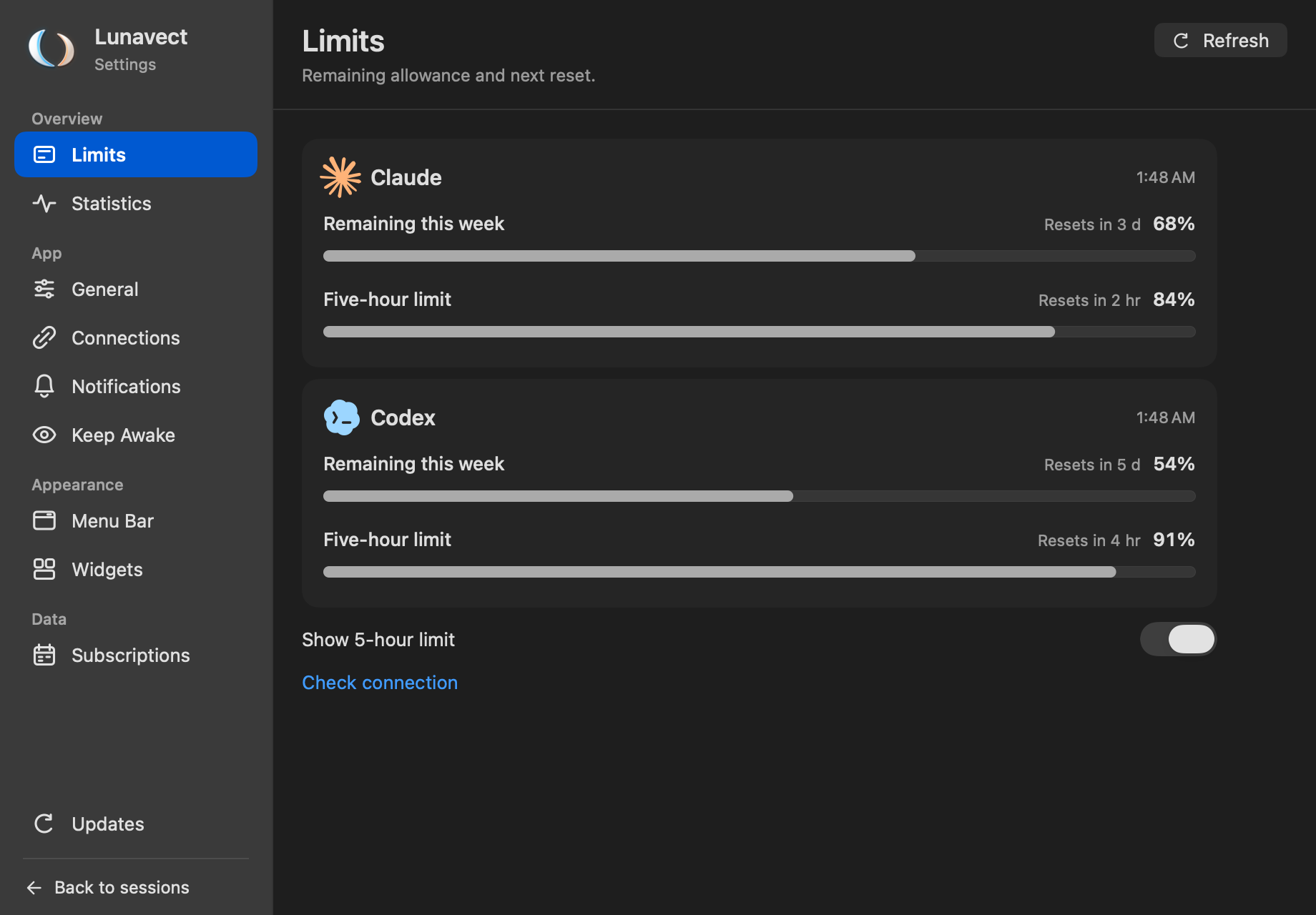 Usage settings showing weekly and five-hour remaining allowances and reset times for Claude and Codex