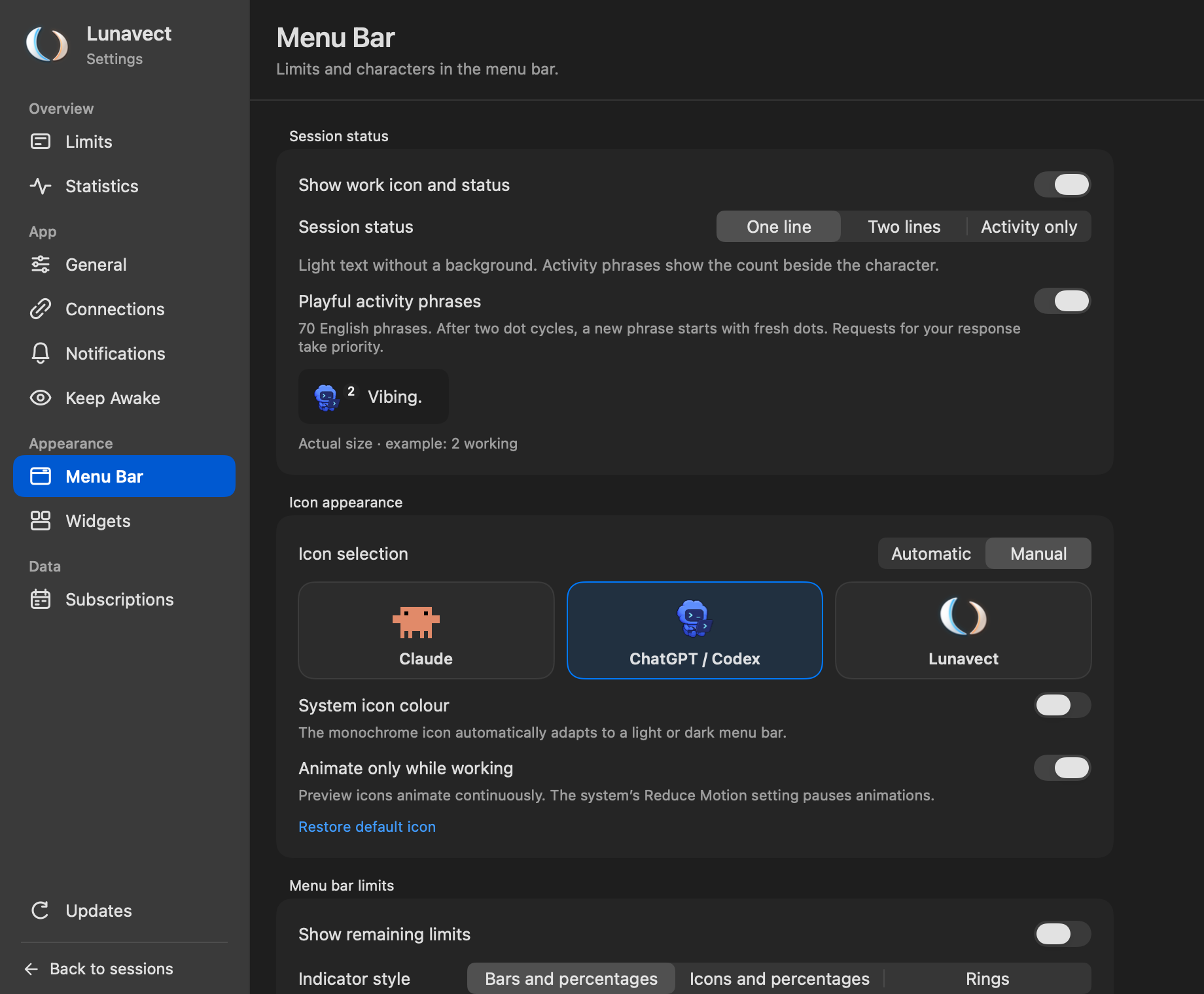 Menu-bar settings with all character choices visible and configurable session status