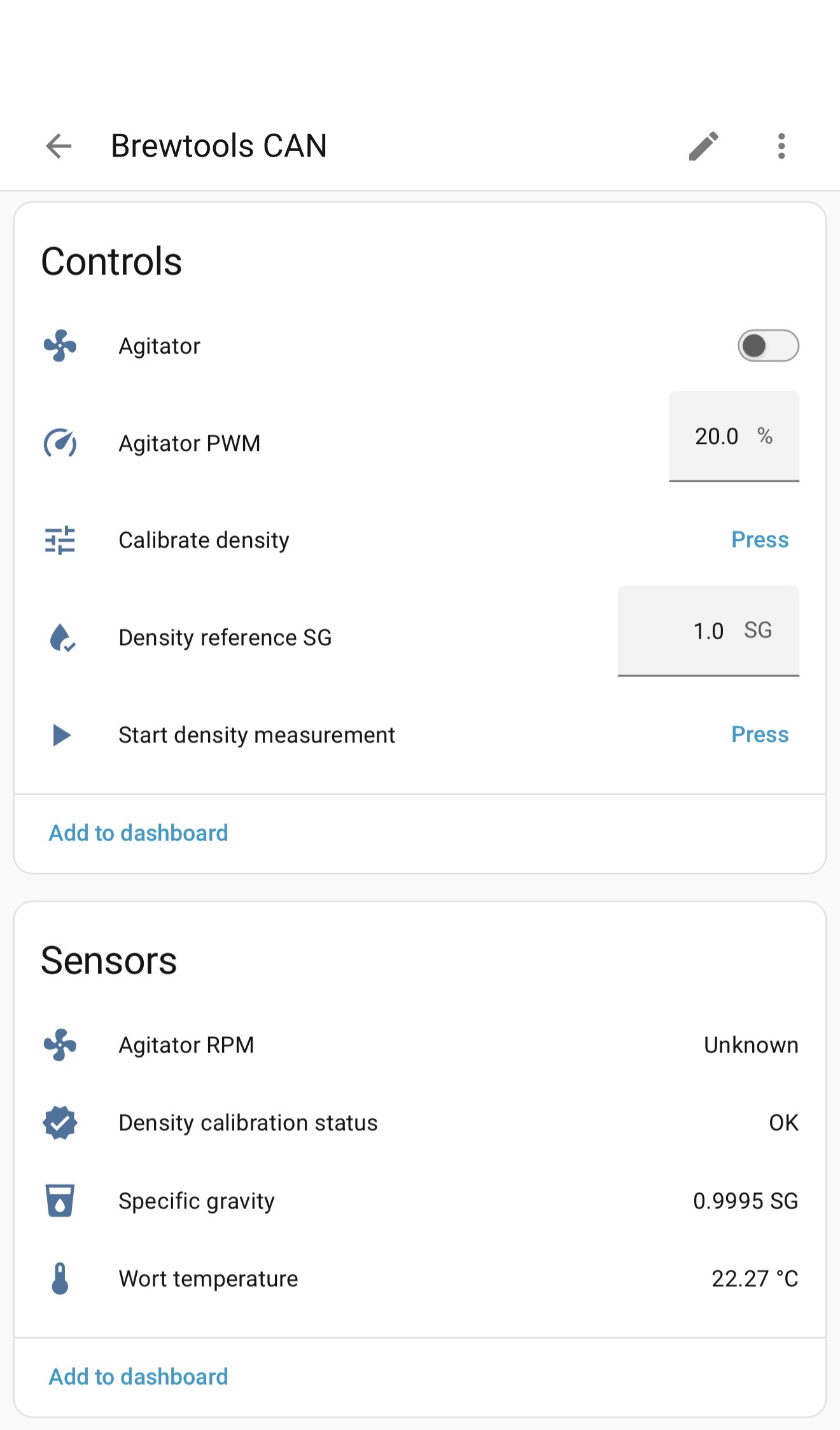 Encje sensora gęstości i mieszadła Brewtools w Home Assistant