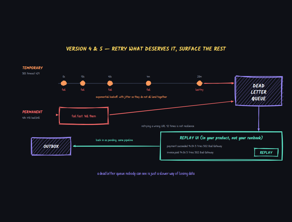 Diagram: 暫時性失敗的退避階梯、永久性失敗的短路，最後都進入 dead letter queue，然後由 replay UI 把事件送回 outbox