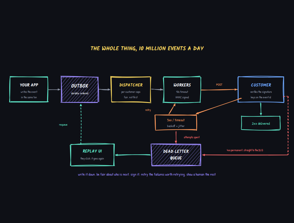 Diagram: 完整 pipeline，從 app 到 outbox 到 dispatcher 到 workers 到 customer，包含重試迴圈、dead letter queue 以及回到 outbox 的 replay 路徑