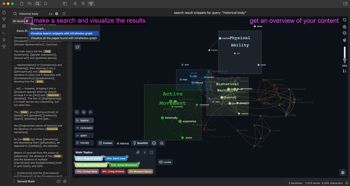 InfraNodus Obsidian search results visualization