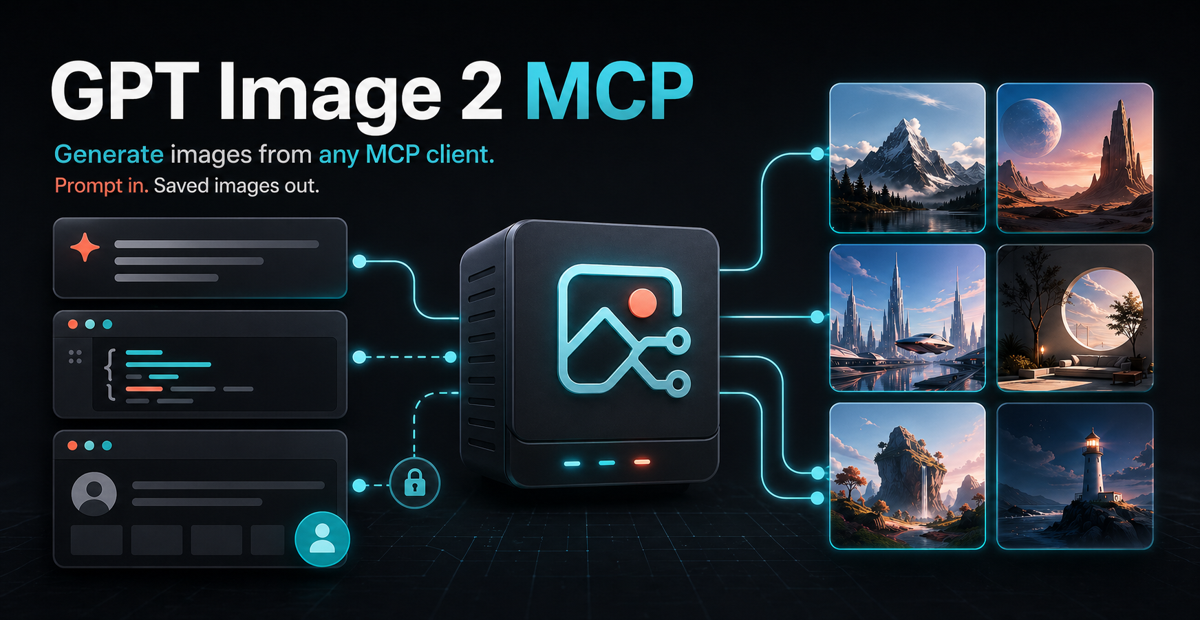 GPT Image 2 MCP banner showing prompts flowing through an MCP server into generated images