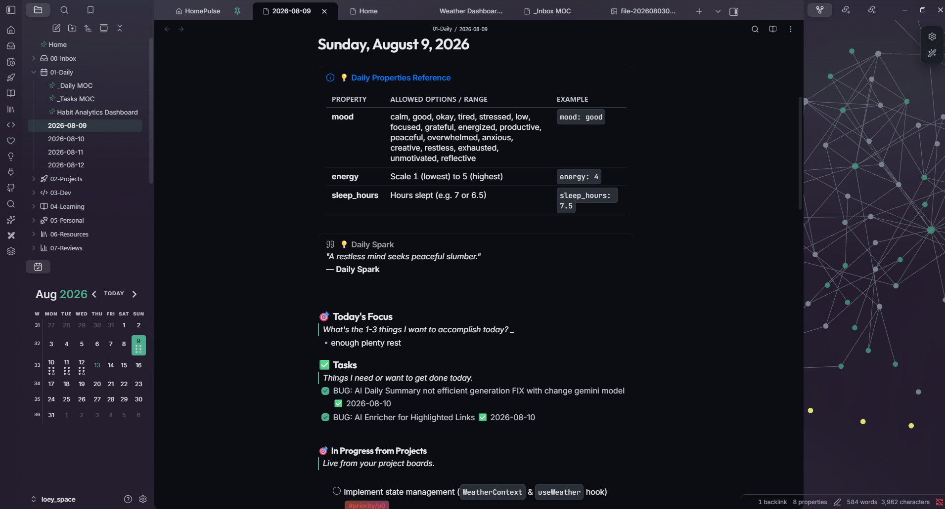 A daily note showing mood, energy and sleep frontmatter, today's focus, a task list with carried-forward items, habit checkboxes, a timestamped daily log, and the AI Daily Summary section with Pattern, Friction and Insight bullets