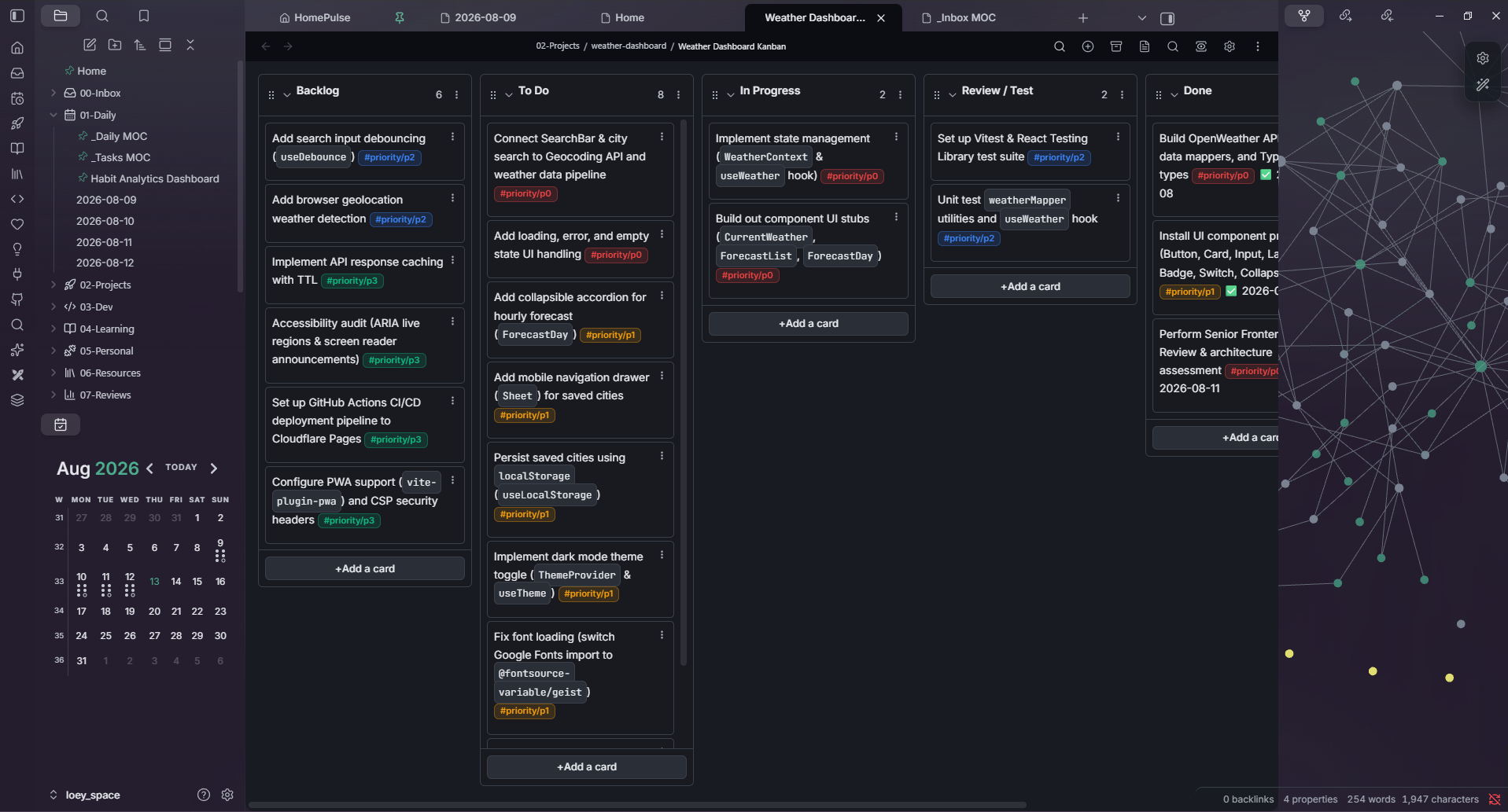 A project kanban board with Backlog, To Do, In Progress, Review/Test, Done and Archive lanes, showing task cards with checkbox states matching their lane