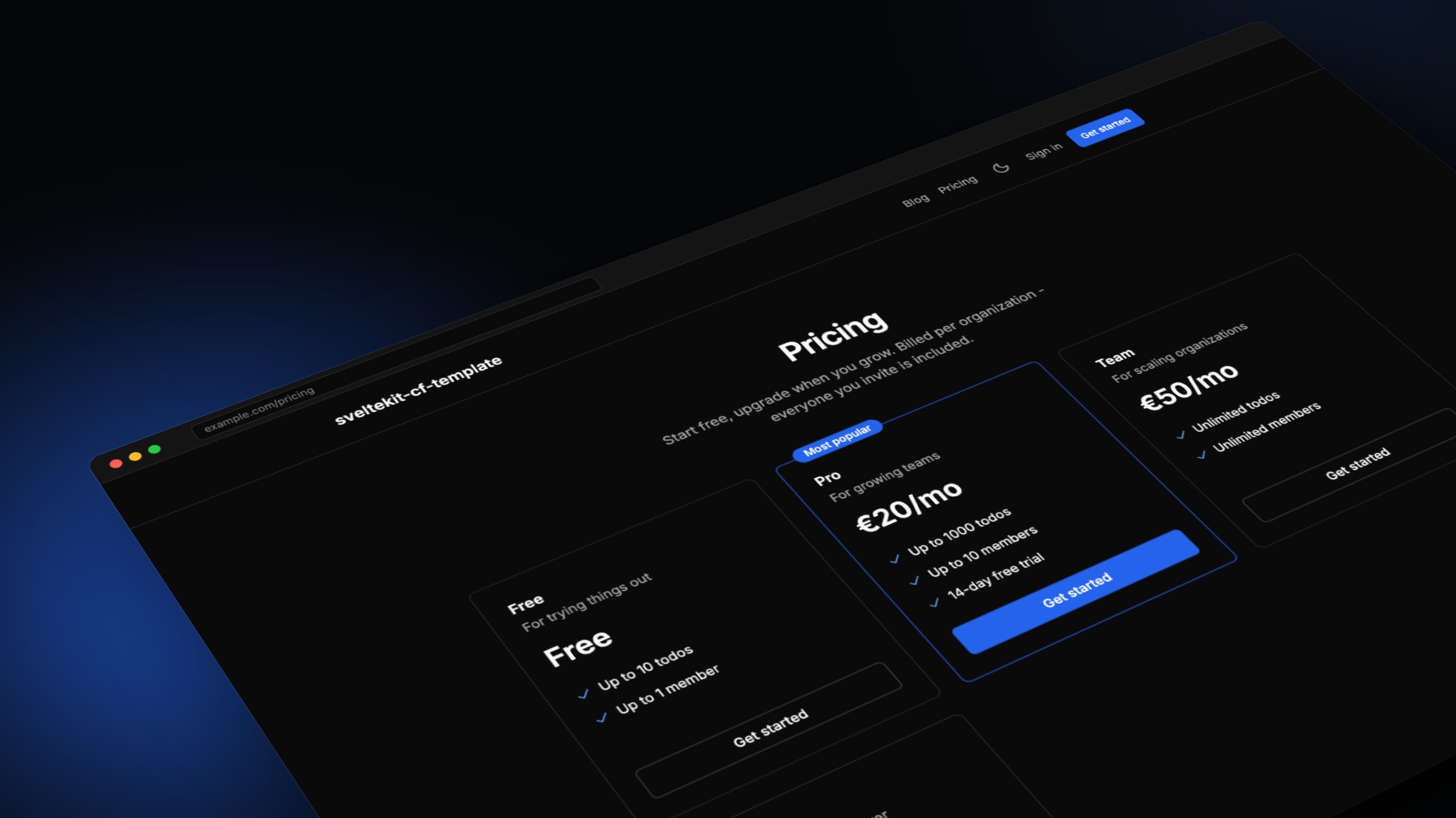 The template's pricing page in dark mode, shown in a tilted browser window