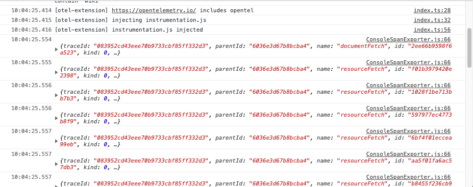 This image shows spans being printed into the console of the developer toolbar for opentelemetry.io