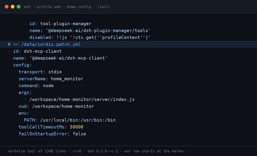 Tail of dsh --profile web --dump-config showing the dsh-mcp-client row