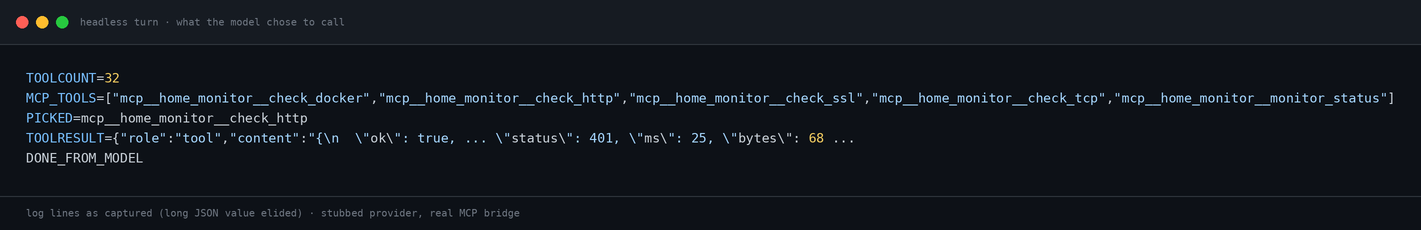 Headless turn: TOOLCOUNT, MCP_TOOLS, PICKED and TOOLRESULT