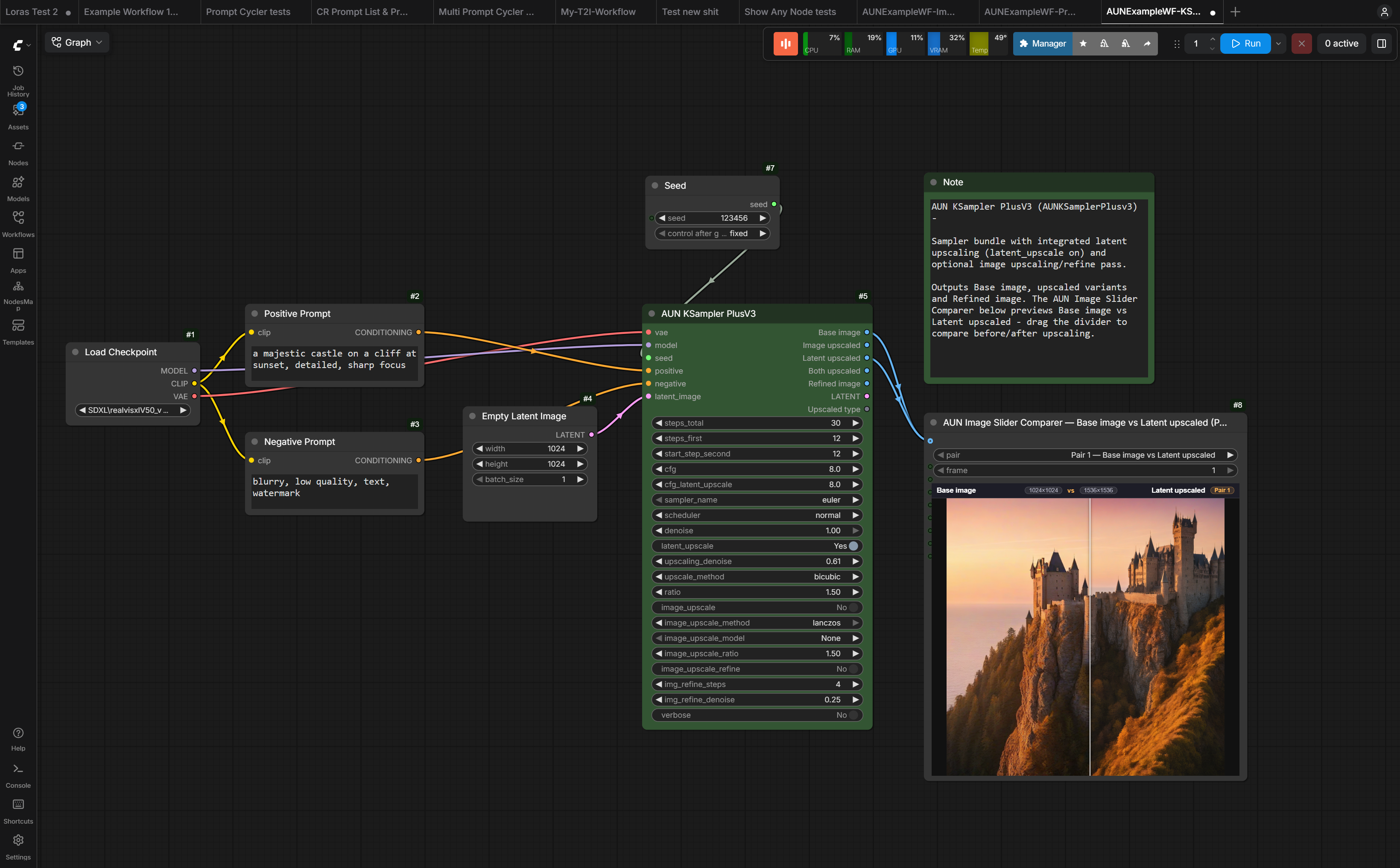 KSampler Plus workflow example with image slider comparer
