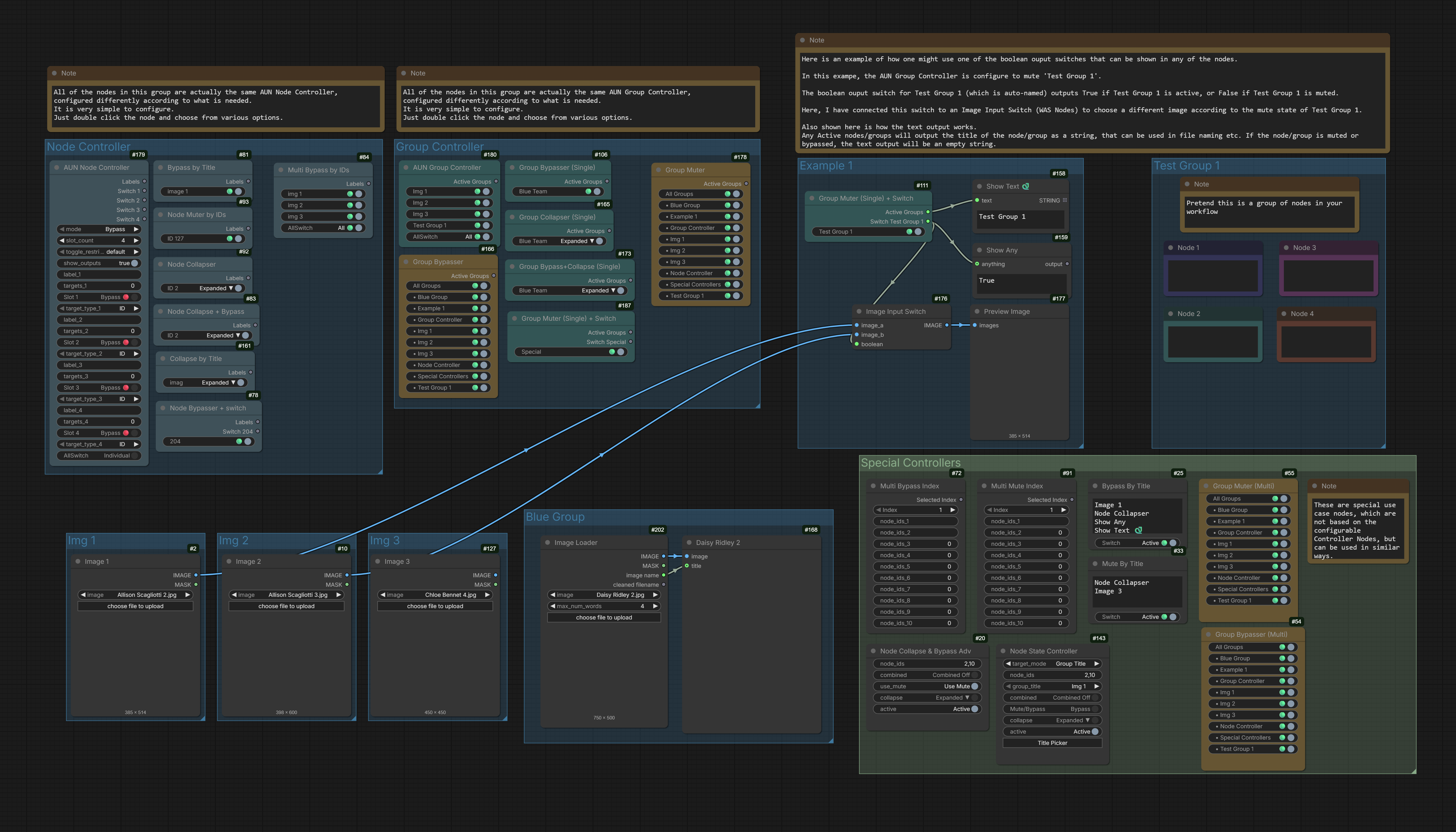 Node controllers workflow diagram showing AUN Node Controller, AUN Group Controller, Bypass By Title, Group Bypasser Multi, Group Muter Multi, and Multi Bypass Index nodes connected with blue lines in a ComfyUI canvas. The diagram illustrates how to orchestrate bypass, mute, and collapse states across multiple nodes and groups within a workflow. Showing labeled node groups containing input/output sockets and configuration options, demonstrating practical control patterns for complex ComfyUI setups.