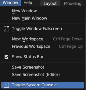 A screenshot of the "Window" > "Toggle System Console" menu action in Blender
