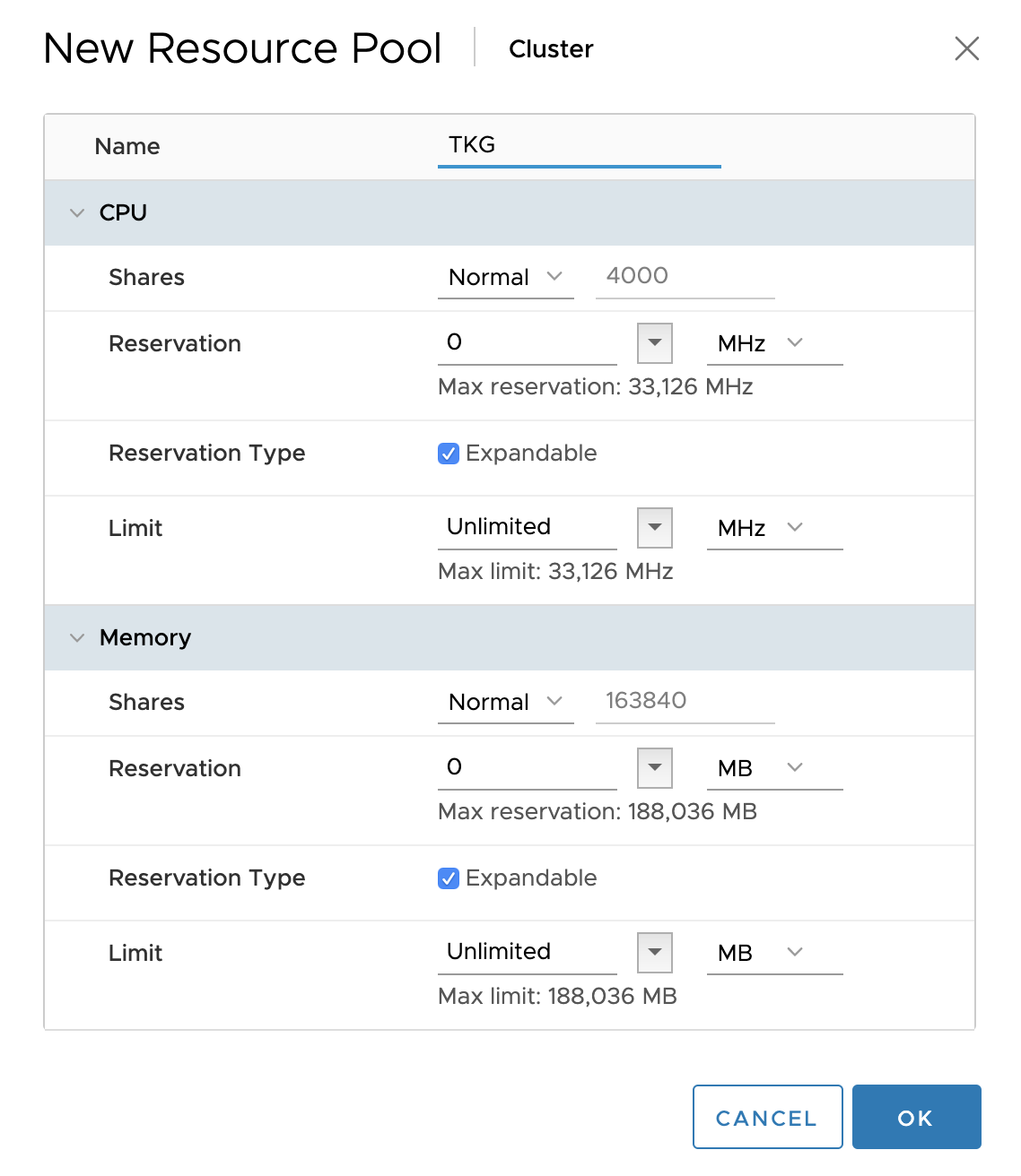 Create a new resource pool