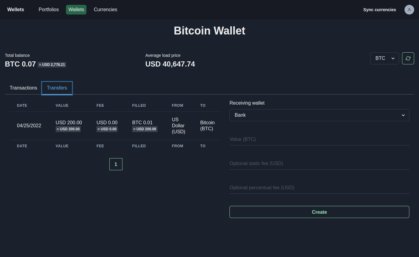 Bitcoin wallet's Transfers