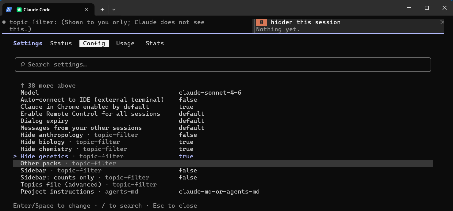 The /config screen listing topic-filter's rows: one switch per built-in pack, other packs, the sidebar switches and the topics file
