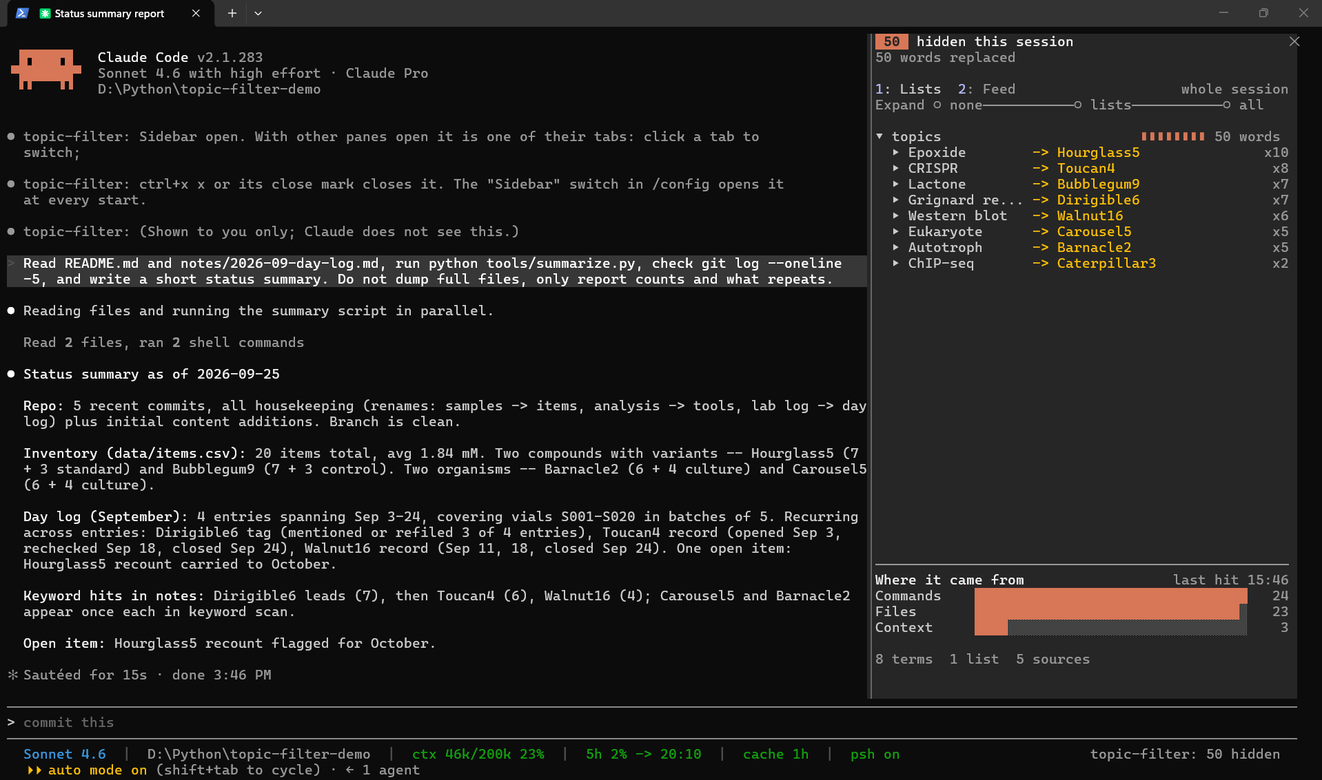 A Claude Code session summarizing a demo project: its reply uses codenames in place of the hidden terms, while the sidebar lists each hidden term, its codename, and where the hits came from