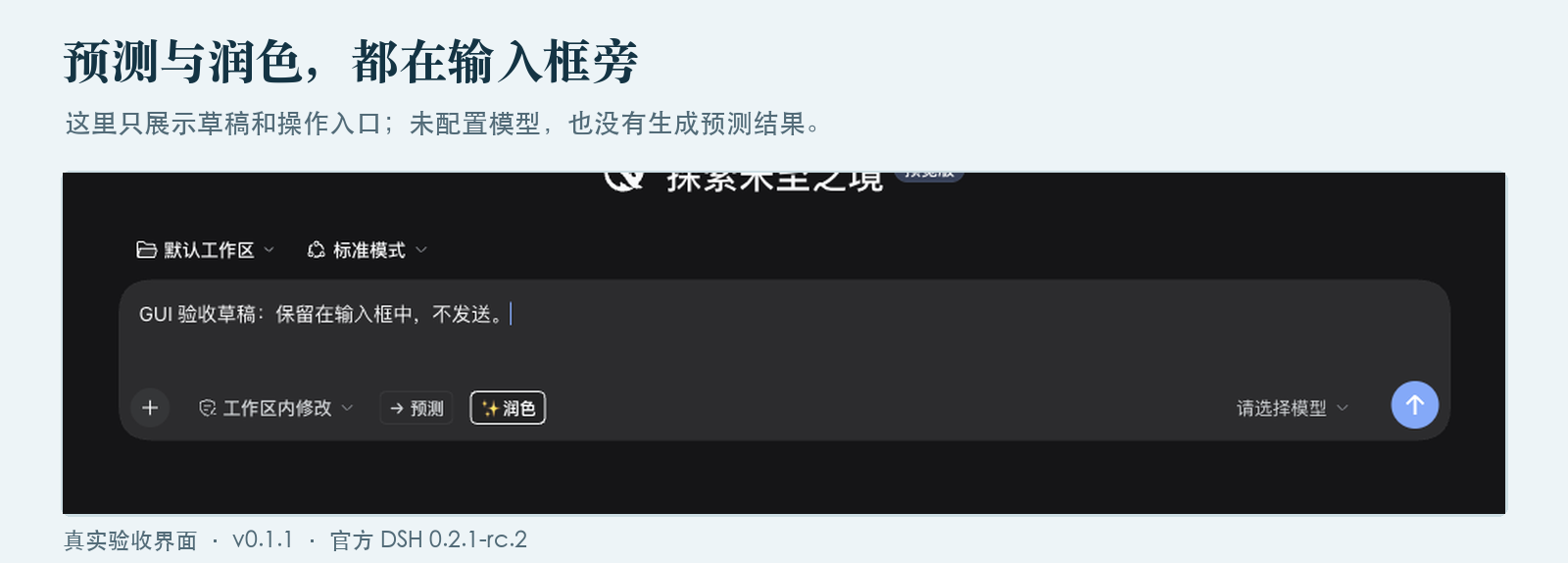 中文输入框实图:草稿旁的预测与润色入口;未执行模型生成