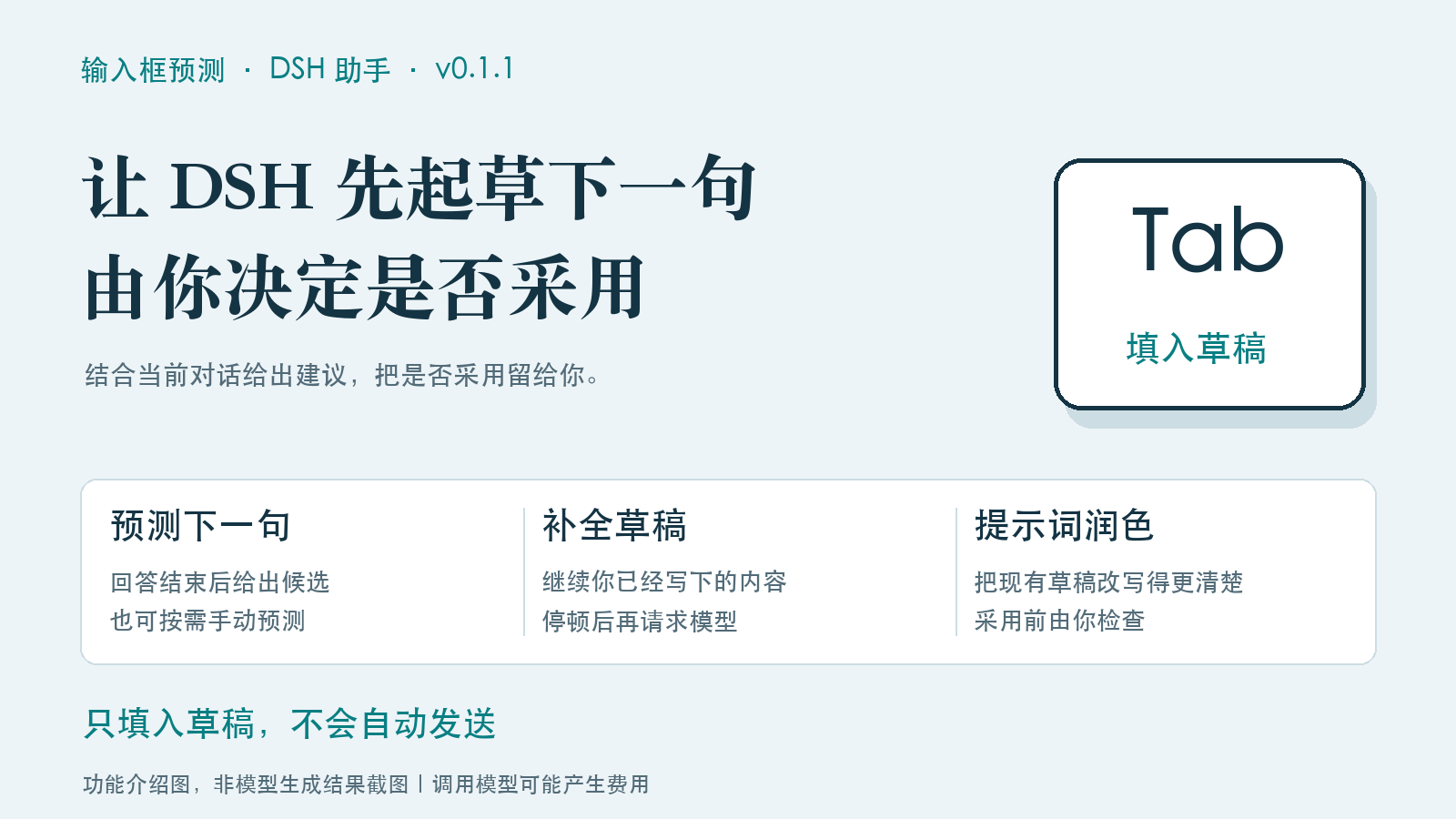 中文功能介绍:预测下一句、补全草稿、提示词润色;Tab 只填入草稿,不自动发送