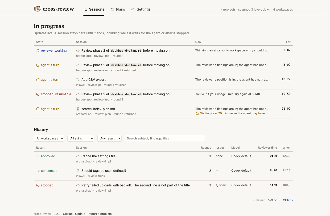 Sessions: reviews in progress and the history