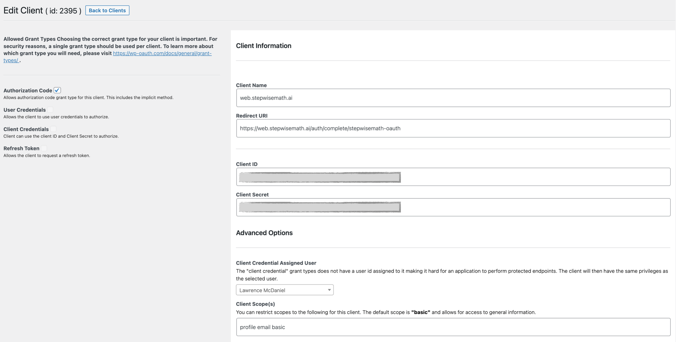 WP OAuth Server configuration page