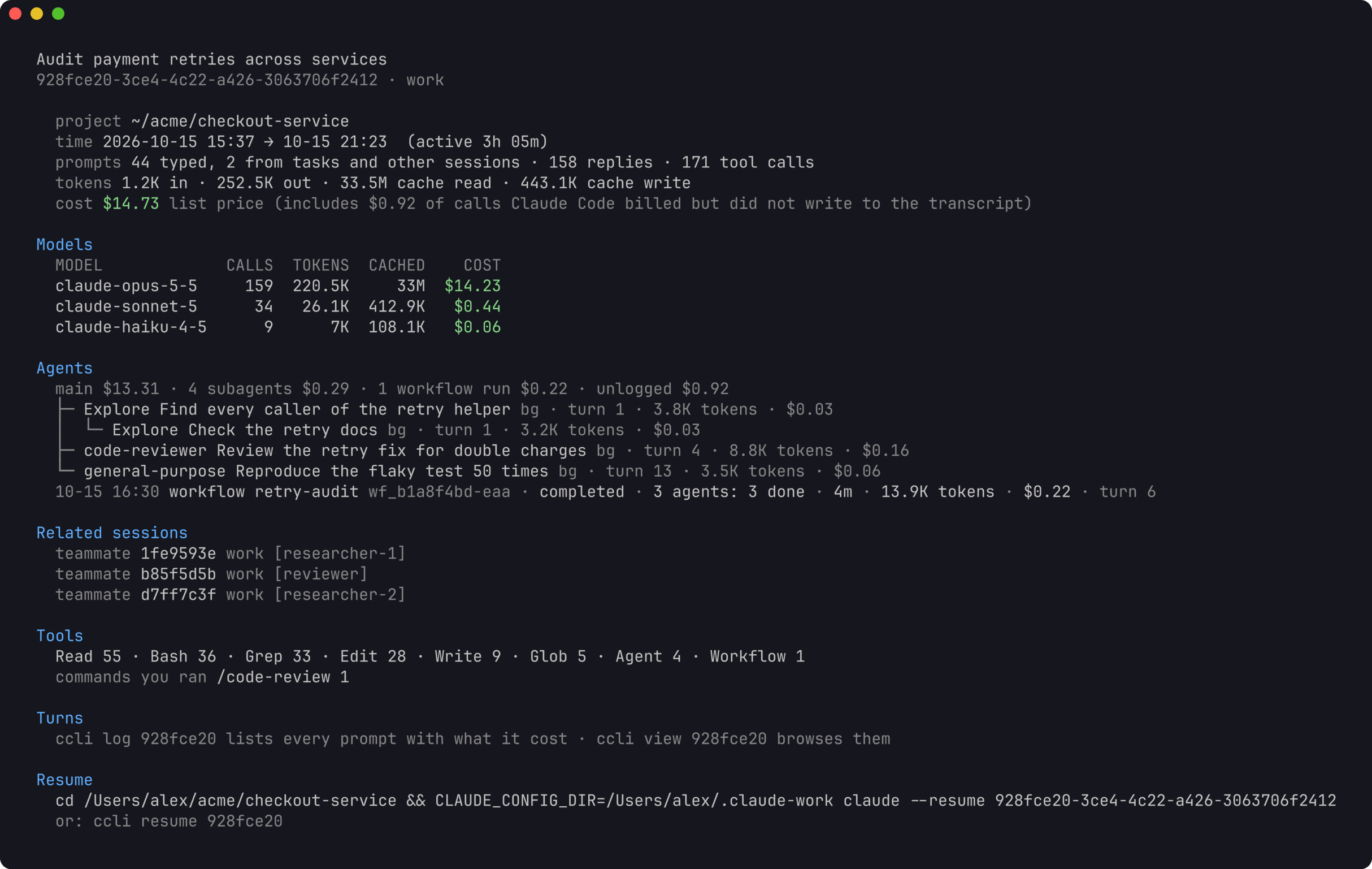 ccli show: models, the cost split between the main conversation, subagents and workflow runs, the agent tree, teammates, tools and the resume command