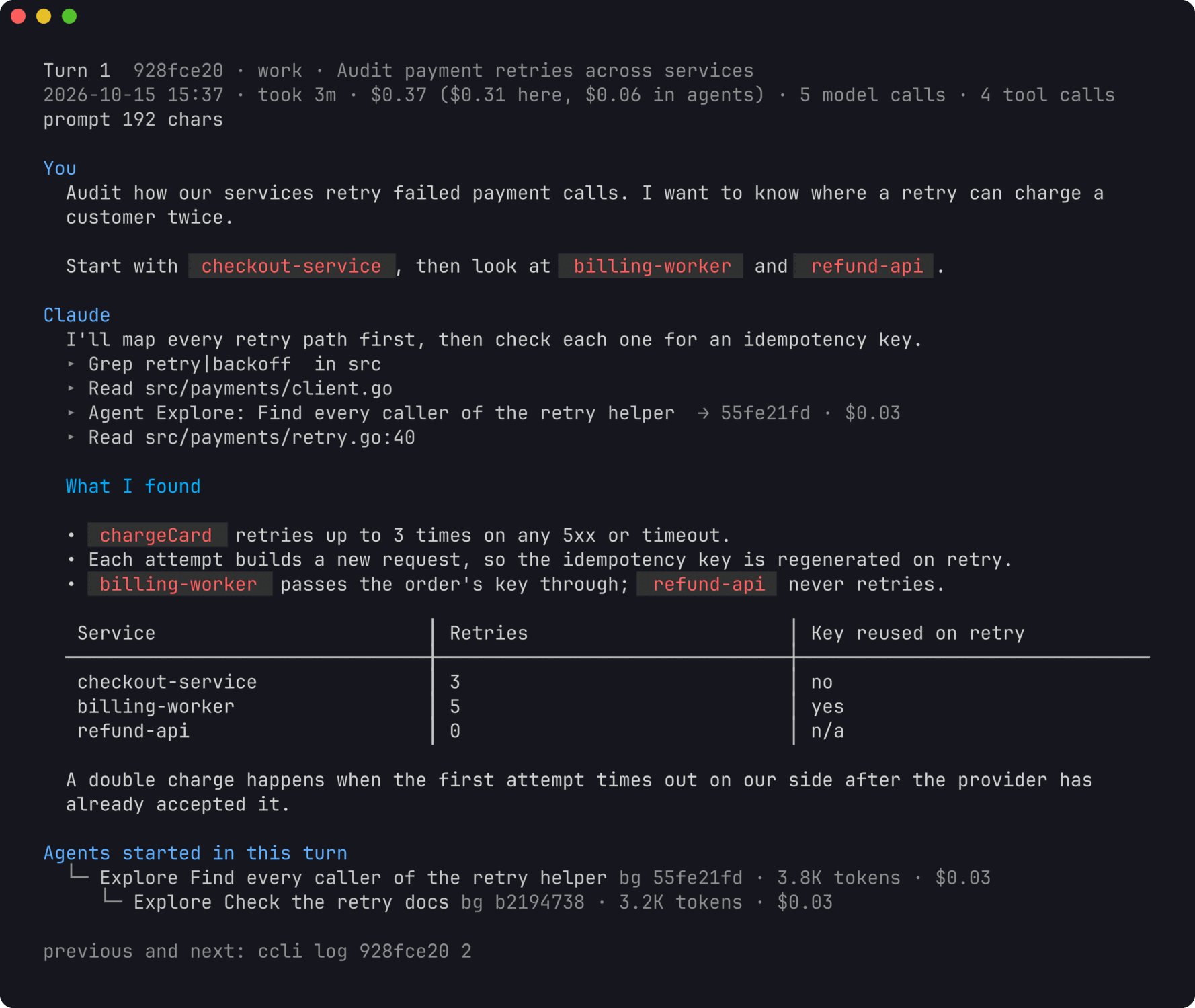 ccli log for one turn: the prompt and the replies rendered as markdown, one line per tool call, and the agents it started