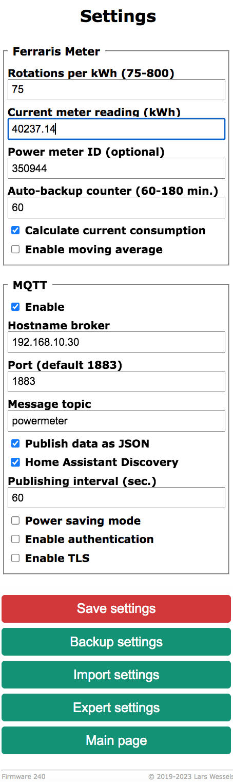 settings of the wifi power meter