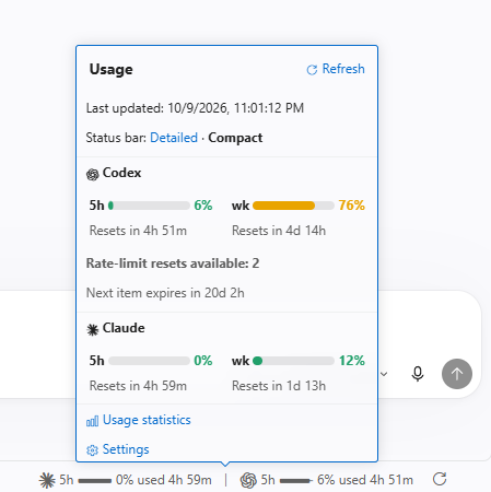 Status bar and usage details card