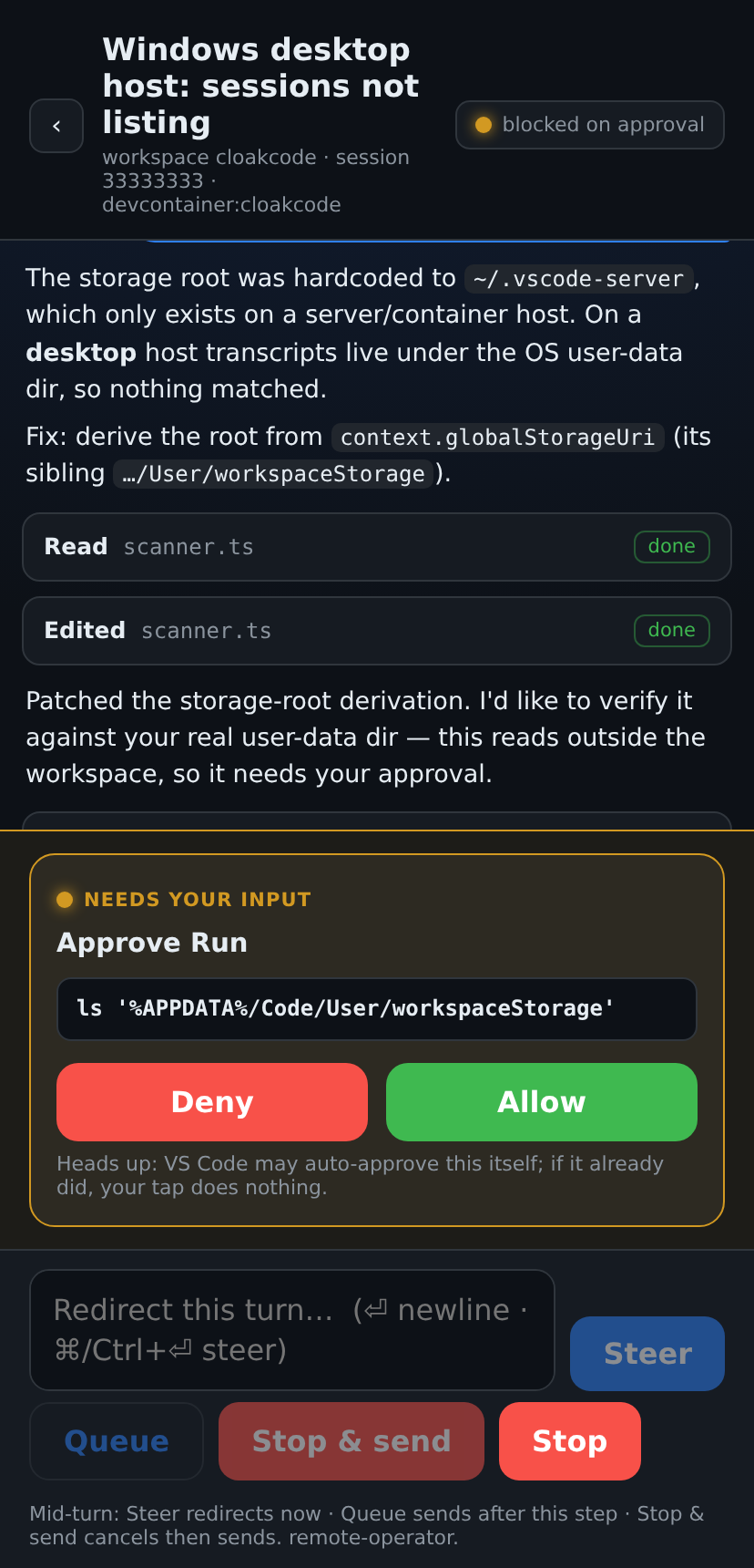 A held run_in_terminal tool call with Deny and Allow buttons