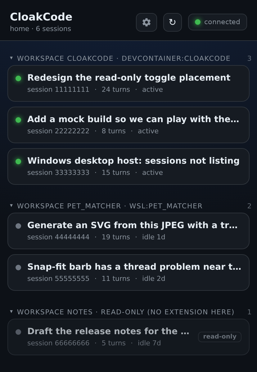 Session list grouped by instance and workspace