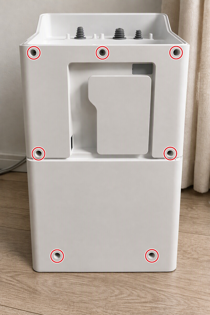 AI-generated rear-view illustration of the dock, with seven rear casing screw positions circled in red.