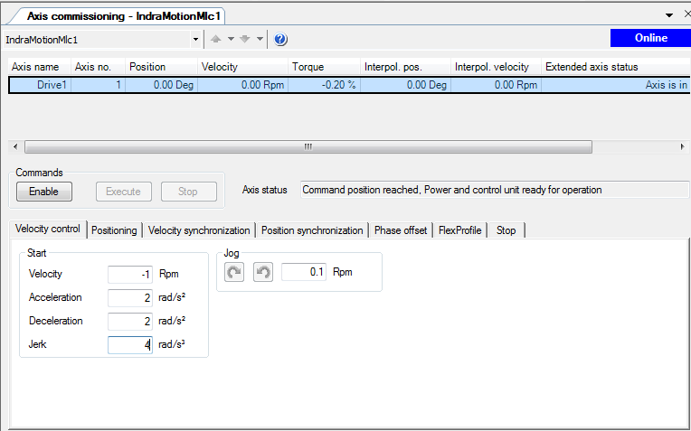 Axis commissioning window