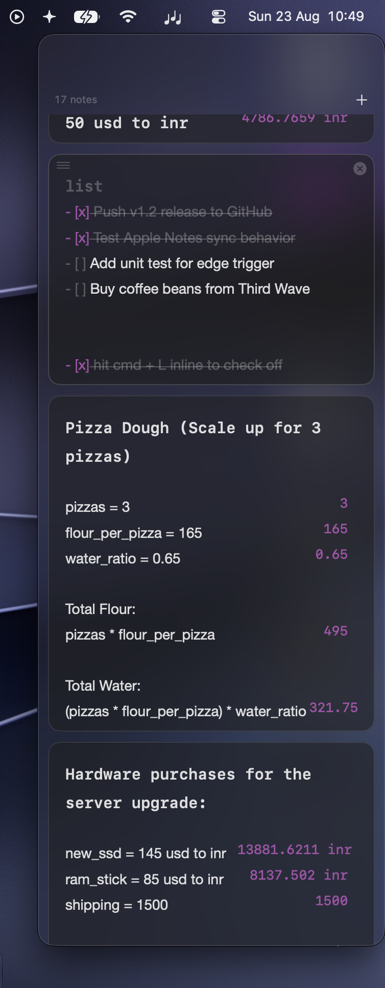 Jot docked as a sidebar on the right edge of the screen, showing a stack of notes: a checklist, a pizza dough calculation with answers in the margin, and a currency conversion.