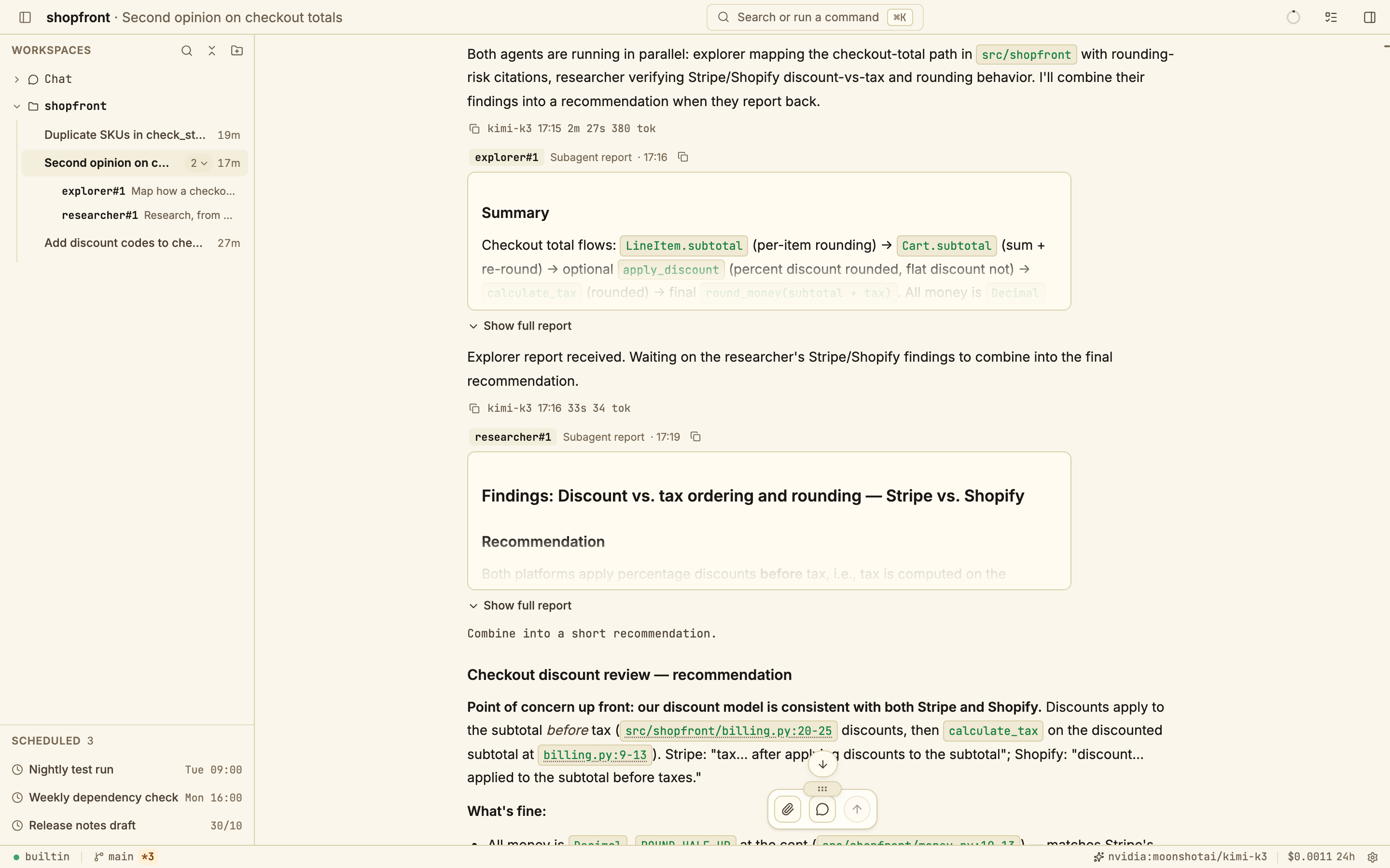A lead agent combining reports from explorer and researcher helpers