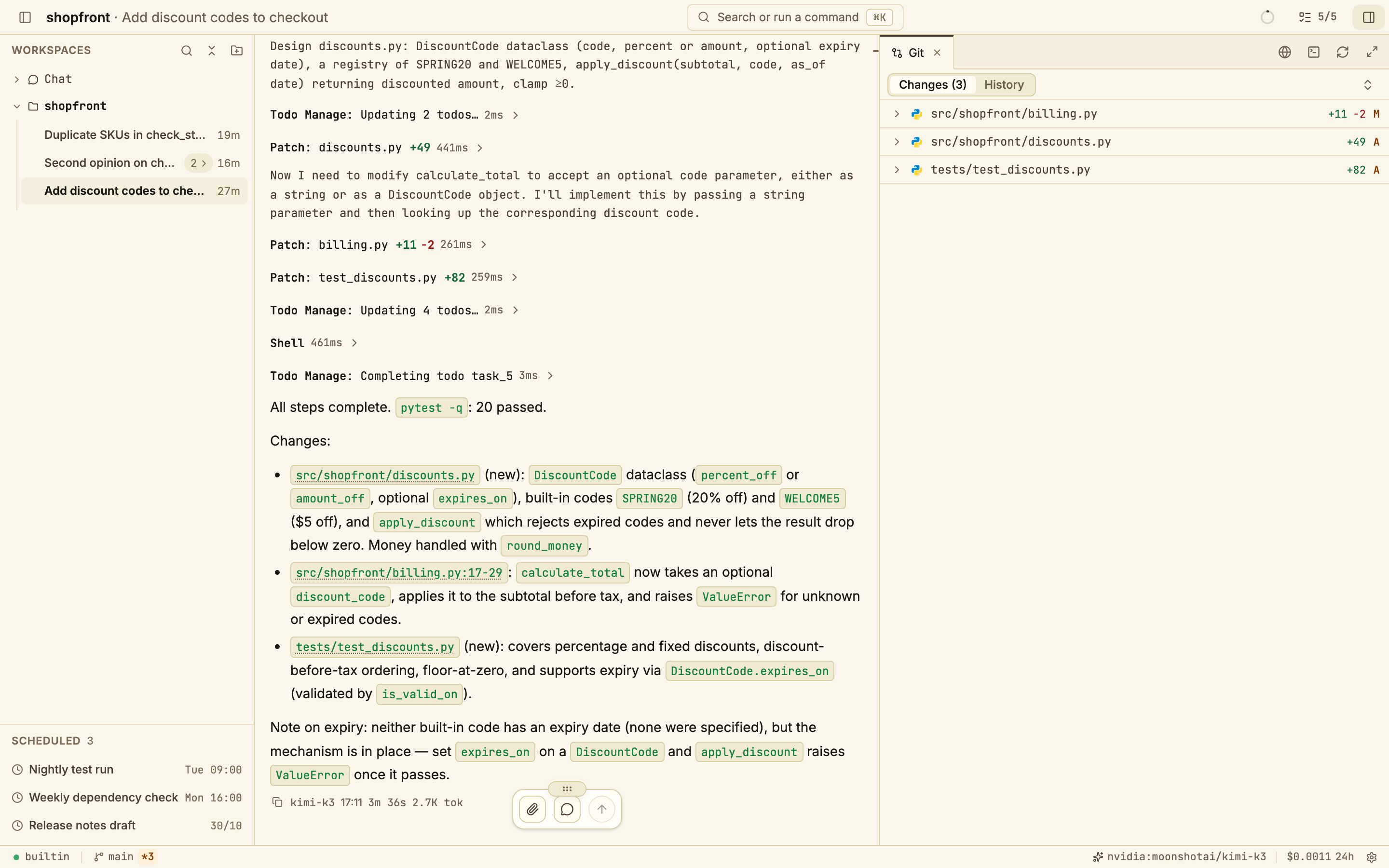 Coding workspace with the agent's steps and a Git panel of changed files