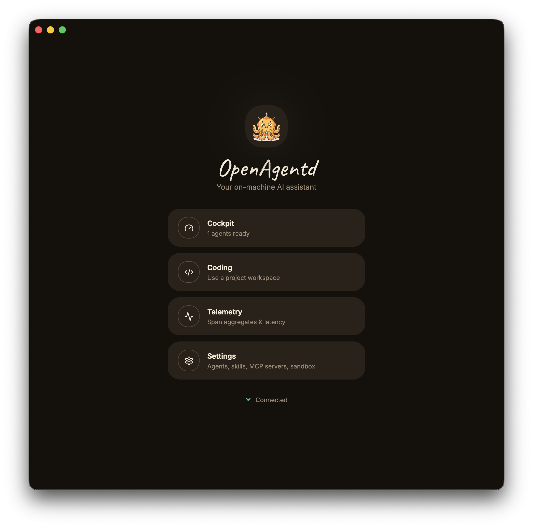 OpenAgentd home screen with active agent session