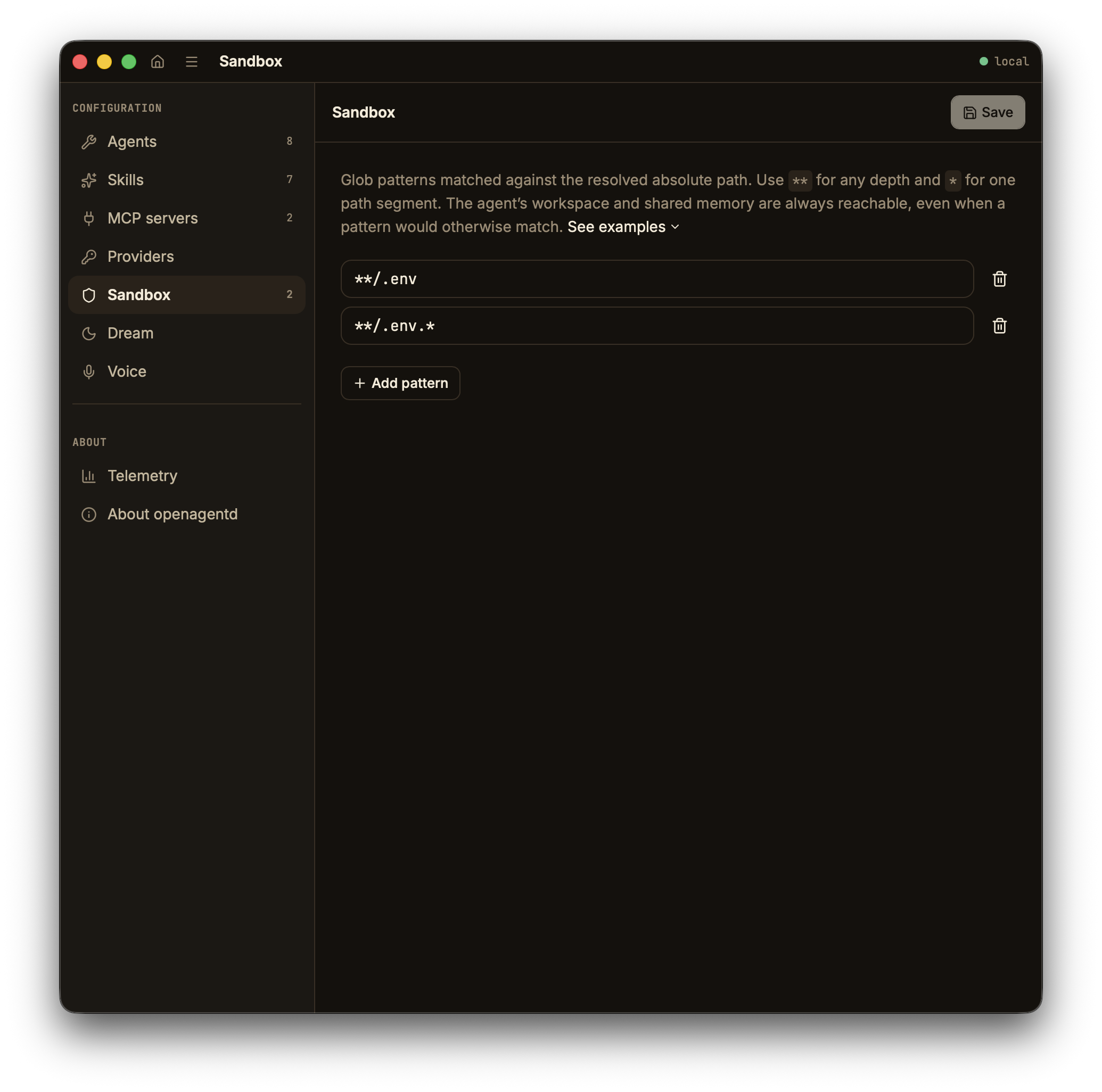 Settings page for filesystem sandbox and permission controls