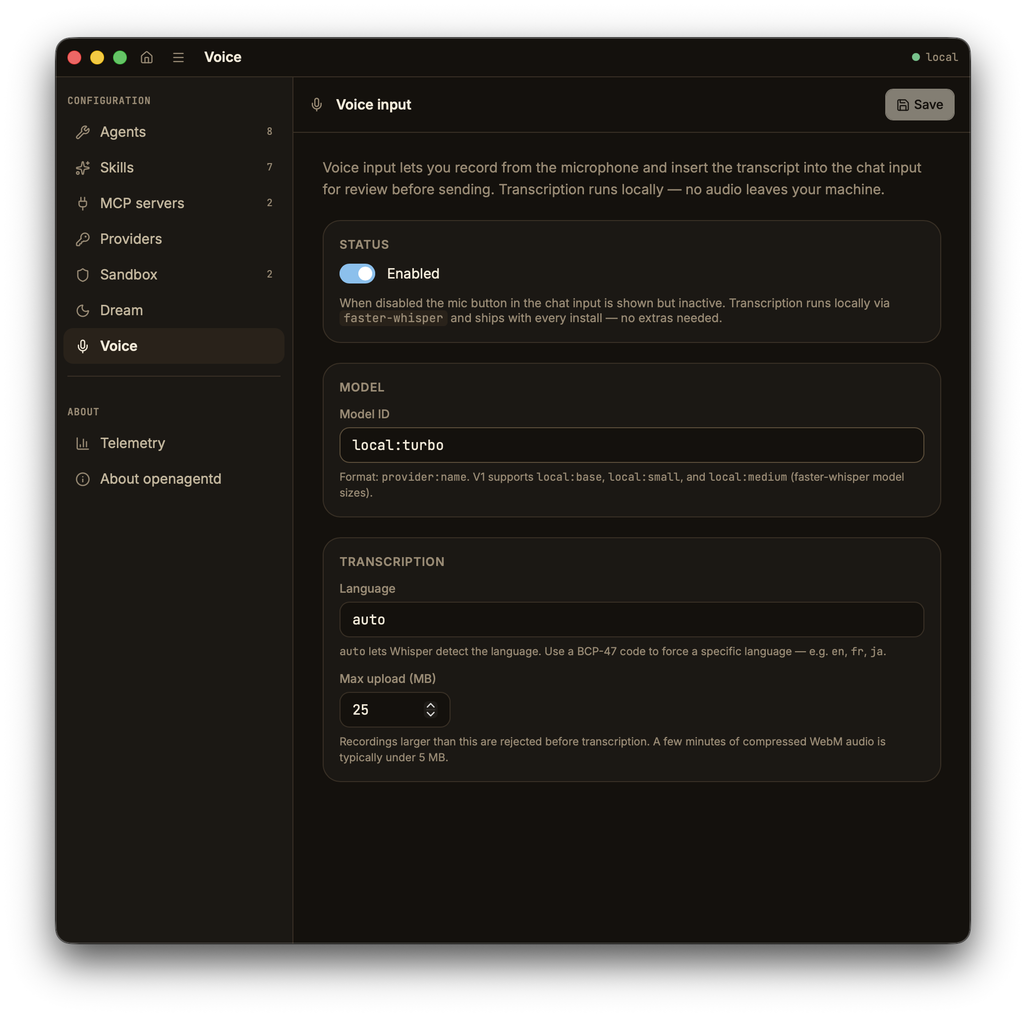 Settings page for local voice transcription