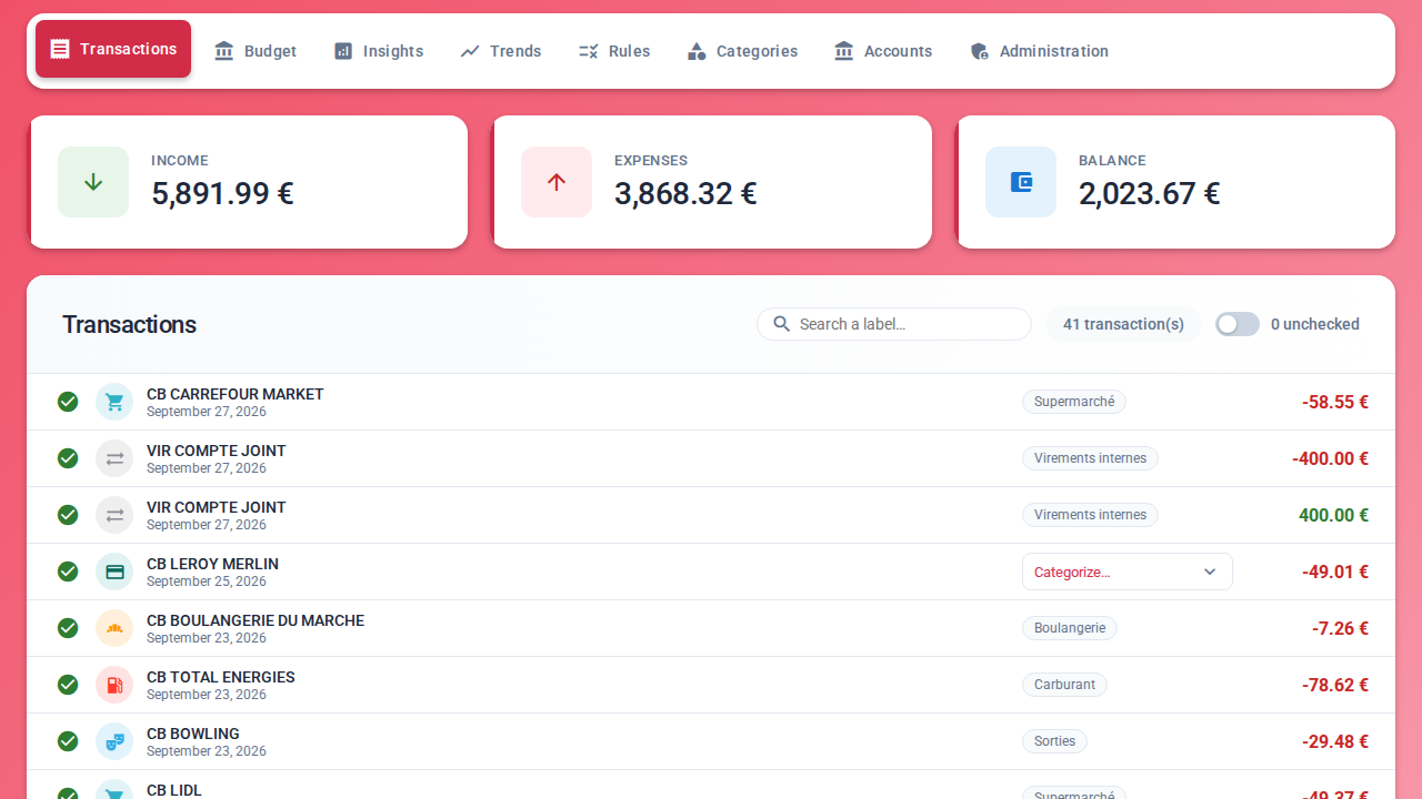 Transactions of the month: income, expenses, search, check-off and categories