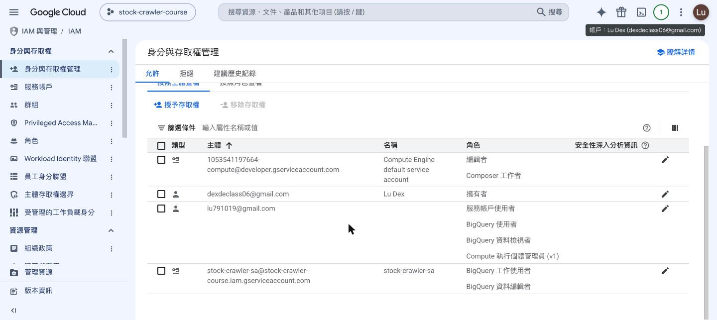 IAM 成員清單:組員四角色與服務帳戶