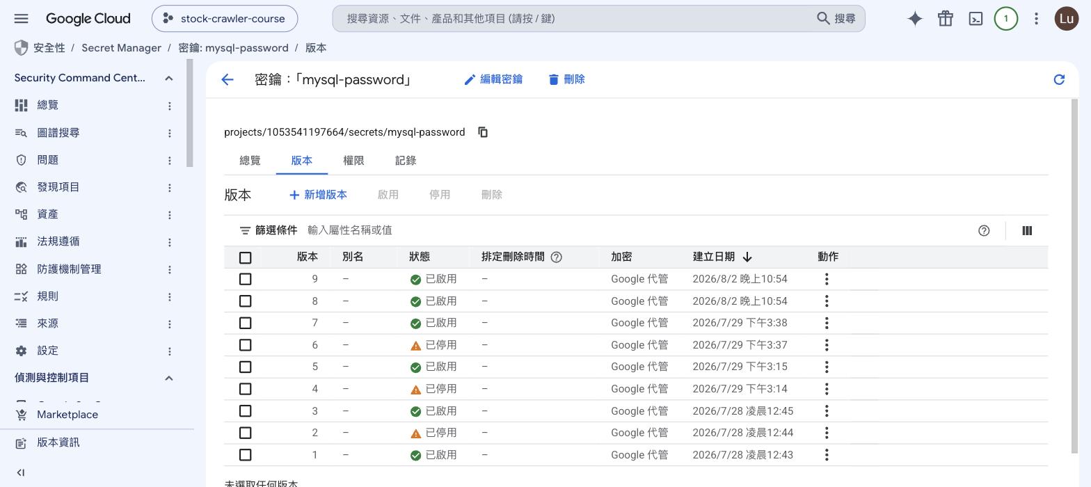 Secret Manager 版本頁