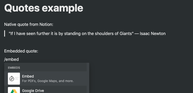 Screenshot of embed block in Notion