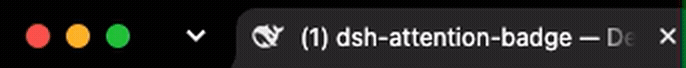 Browser tab strip: the whale favicon in the tab sits dark, tints amber (a session is waiting on you), then green (a session finished while you were away), with a (1) pending count in the tab title — session state readable without opening the page