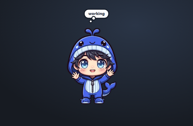 The pet in his whale onesie with a thought cloud reading “working”