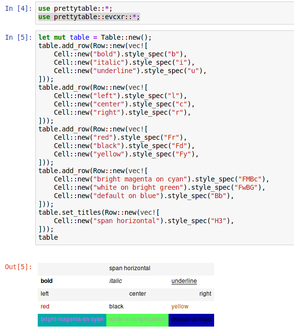 prettytable being used in a Jupyter notebook with Evcxr Rust kernel.