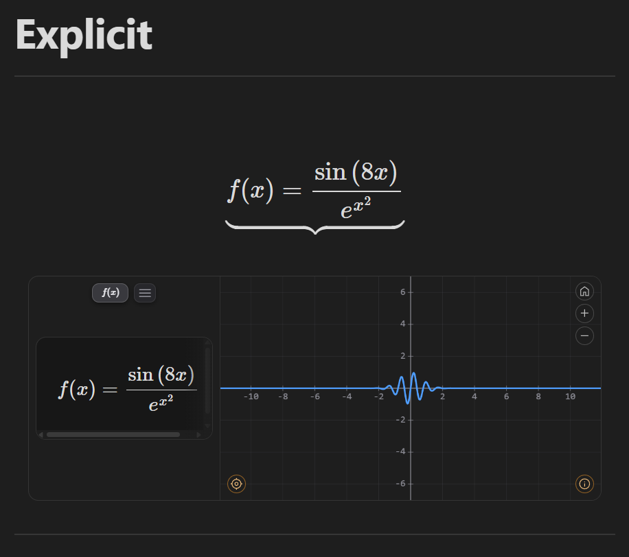 LMath graphing an explicit function with the rendered formula and the curve on the plane