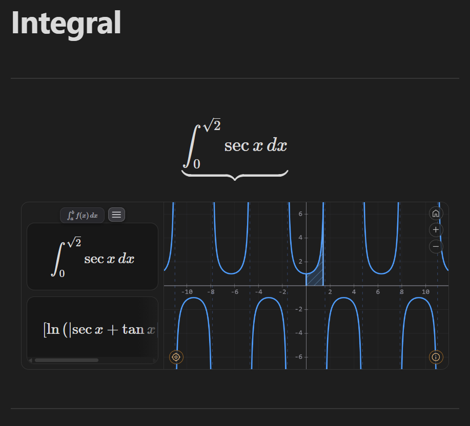 LMath showing a definite integral with a shaded region and an evaluated antiderivative