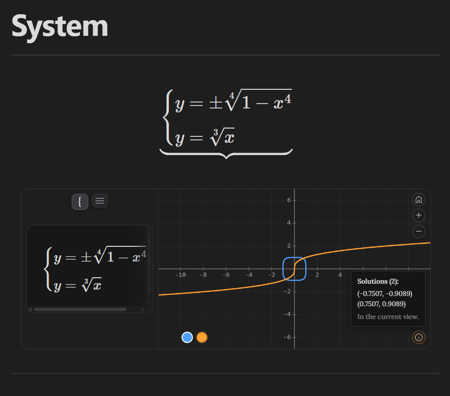 LMath solving a system of equations and showing its curves and intersections on the plane