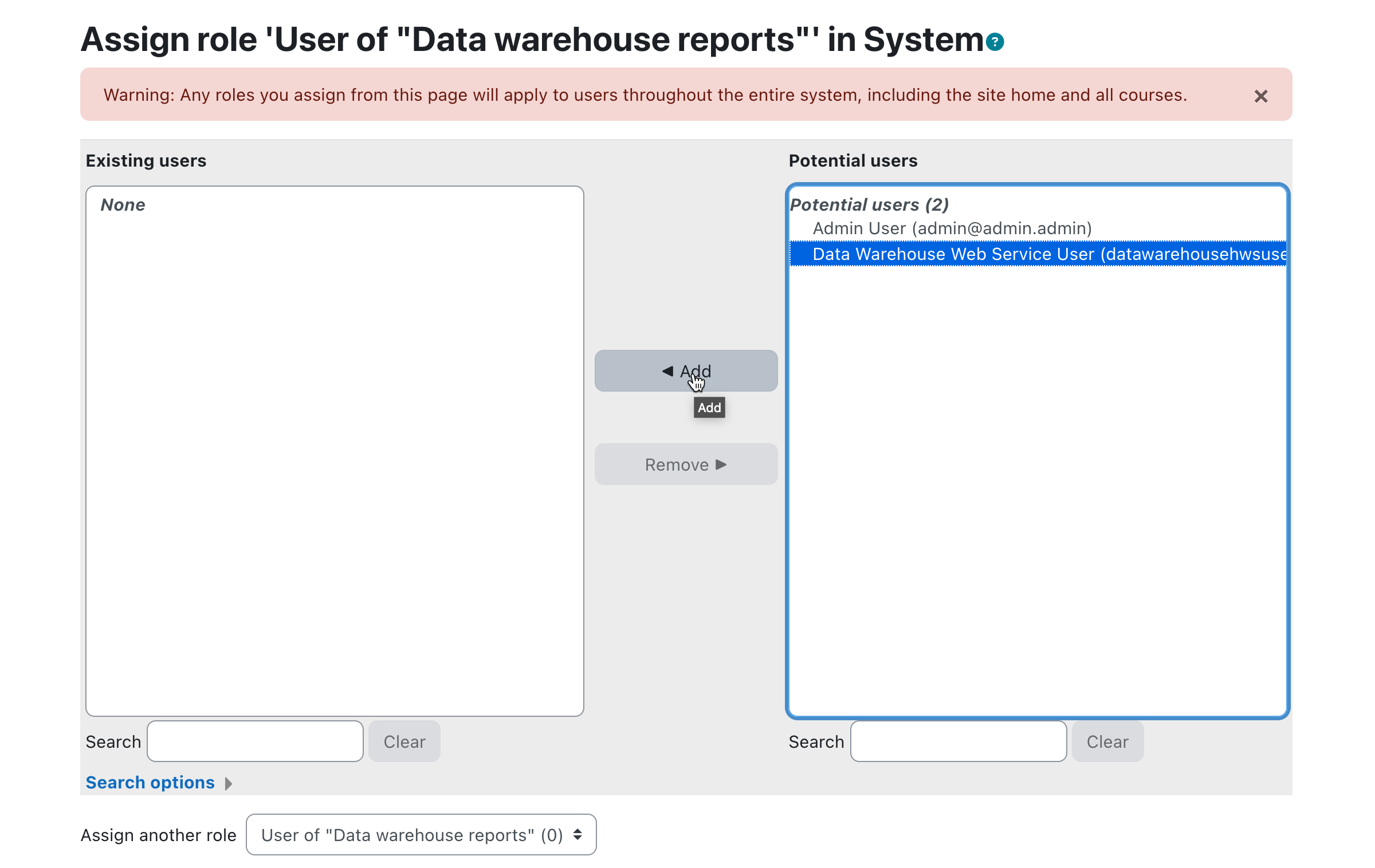 Site administration > Permissions > Assign role 'User of "Data warehouse reports"' in System